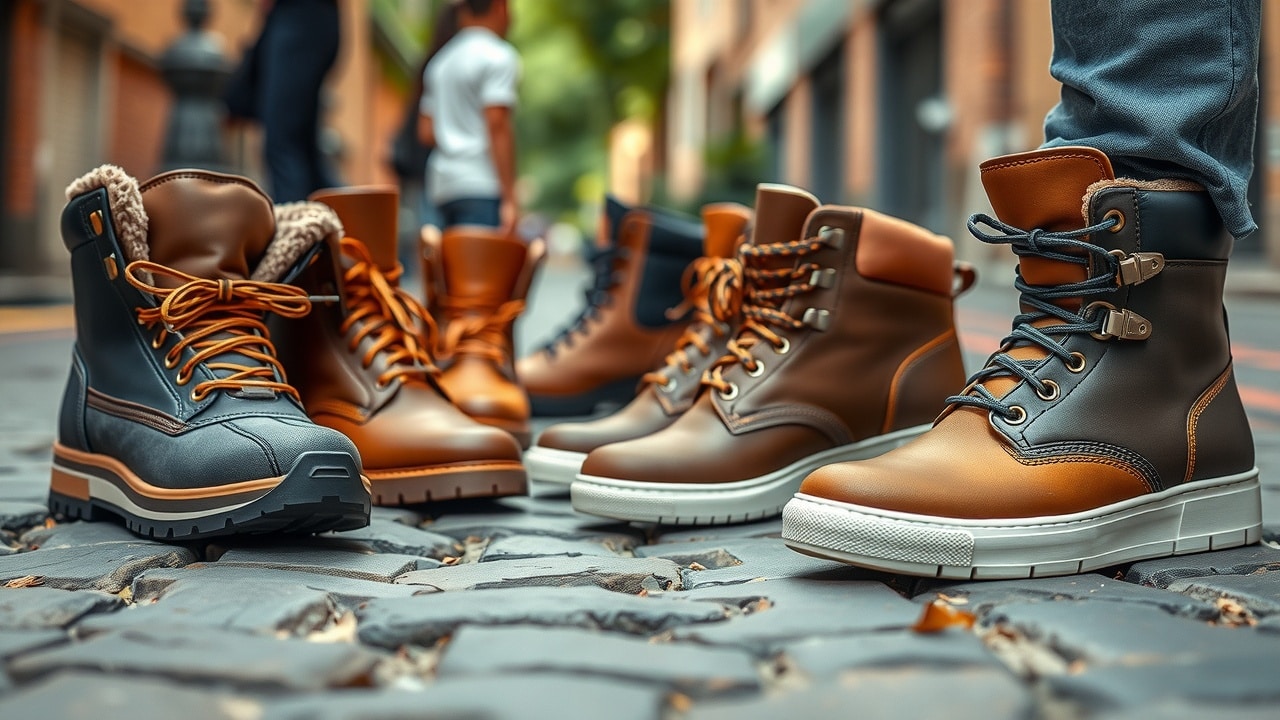 Bottes imperméables et baskets respirantes stylées sur pavés en lumière naturelle – textures cuir et tissu détaillées, semelles robustes, couture fine, effet bokeh doux.