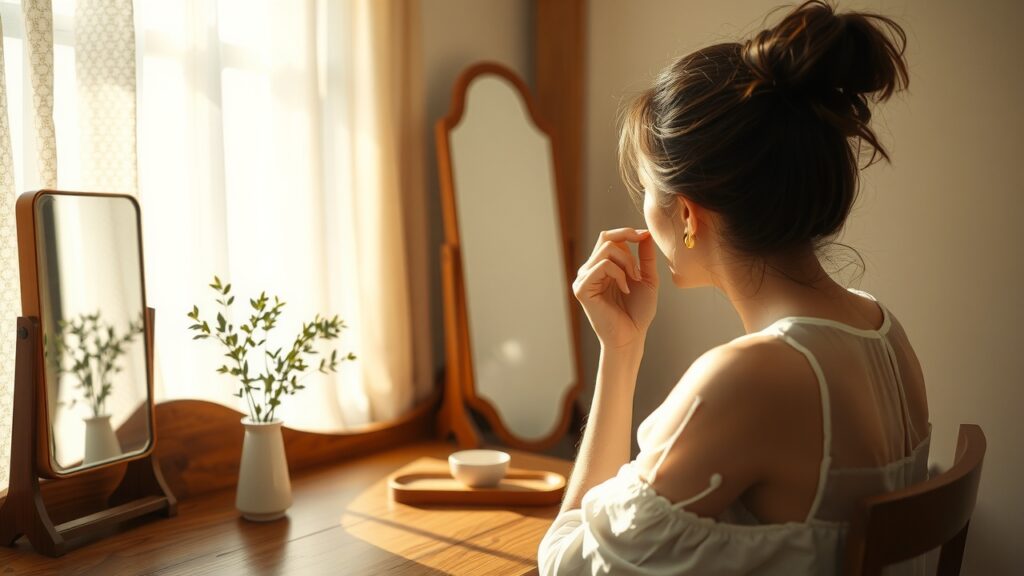 Femme retirant doucement ses boucles d'oreilles près d'une coiffeuse en bois, lumière douce filtrant à travers des rideaux légers, atmosphère calme et féminine aux tons chauds et textures en dentelle délicate, ambiance intime avec grain 35 mm.