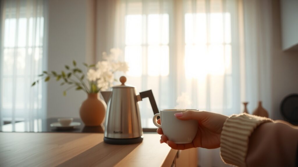 Cuisine moderne vue en grand angle, vapeur légère d’une bouilloire, lumière douce matinale filtrée par des rideaux translucides, textures bois naturel, tons pastel délicats, main féminine tenant une tasse chaude, ombres douces, profondeur de champ réduite, ambiance chaleureuse et apaisante.