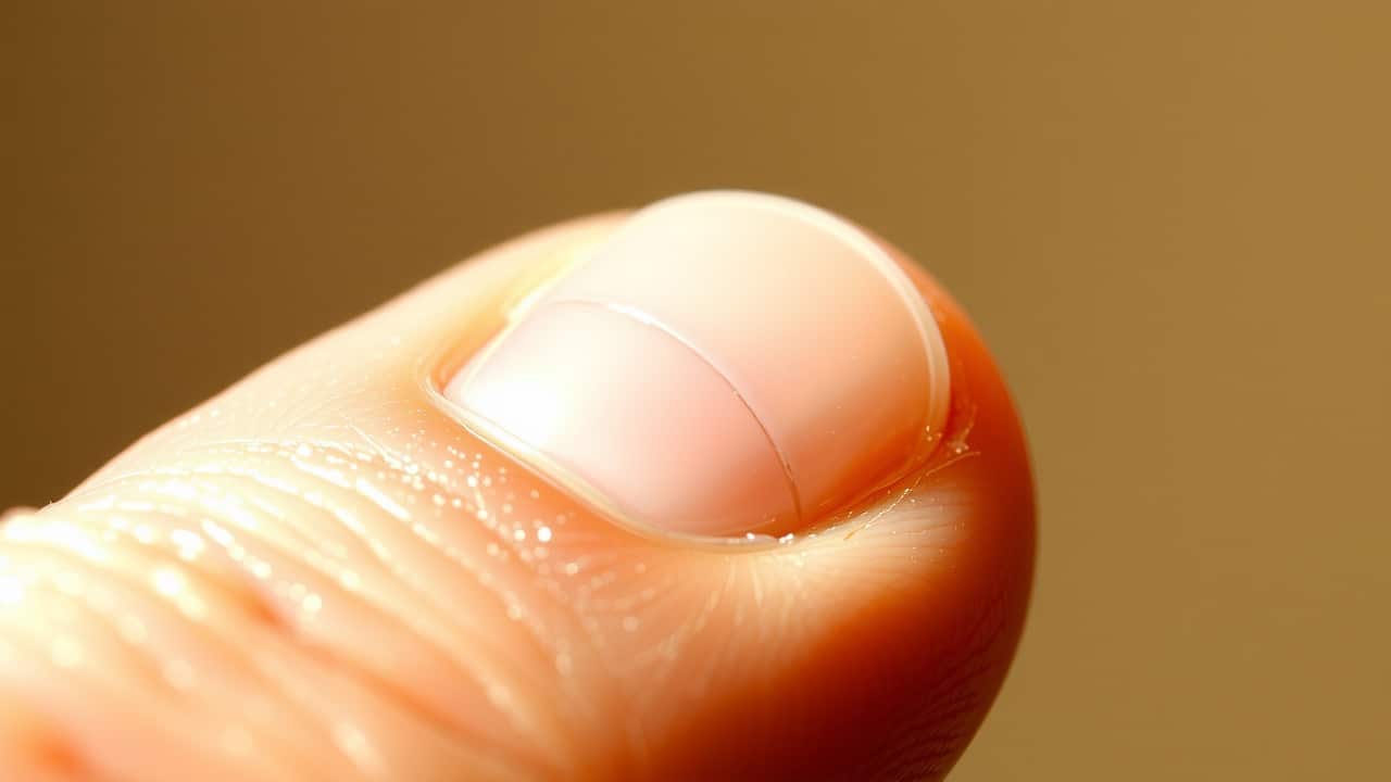 Gros plan d’un ongle naturel avec une fine fissure verticale, texture de peau et détails délicats mis en valeur par une lumière douce naturelle, tons chauds neutres, grain subtil style film 35 mm, cuticules hydratées et ombres légères soulignant la fragilité de l’ongle.