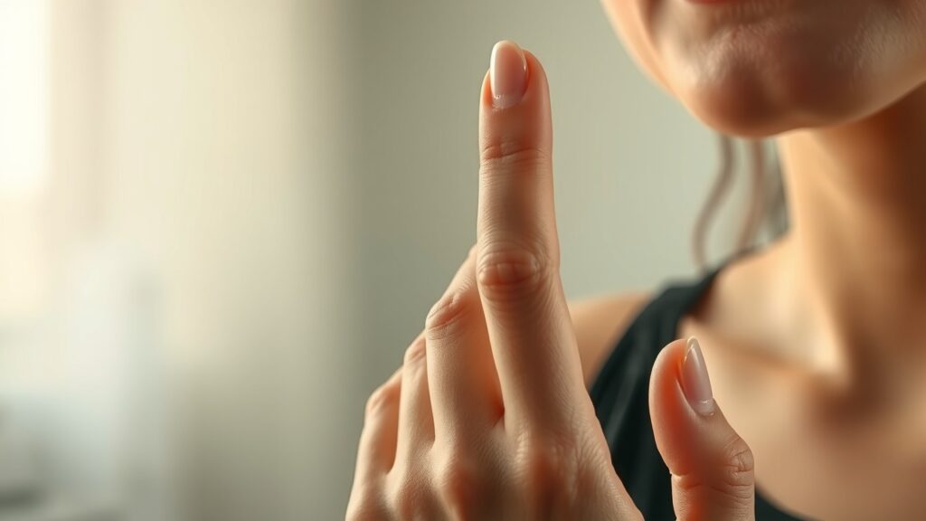 Main féminine en gros plan avec ongle fendu verticalement, lumière naturelle douce, tons chauds, textures délicates et bijoux minimalistes dans un décor intérieur flou aux couleurs pastel.