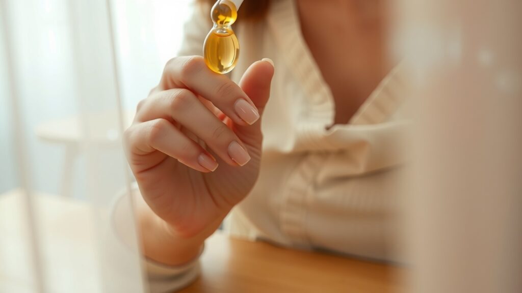 Application d'huile nourrissante sur ongles sains, lumière naturelle douce, ambiance féminine et sereine, tons beiges et pastels, arrière-plan minimaliste en bois