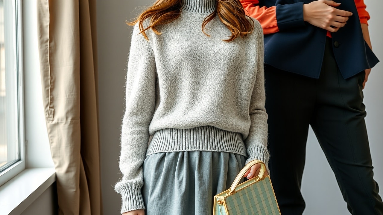 Portrait photoréaliste d'une femme élégante en vêtements gris variés avec accessoires colorés, lumière naturelle douce et détails de textures visibles.